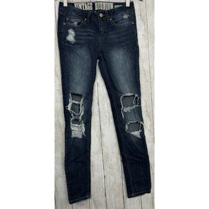Vintage Reunion Rewash Stretch Women Sz 1/25 Distressed Dark Wash Skinny Jeans
